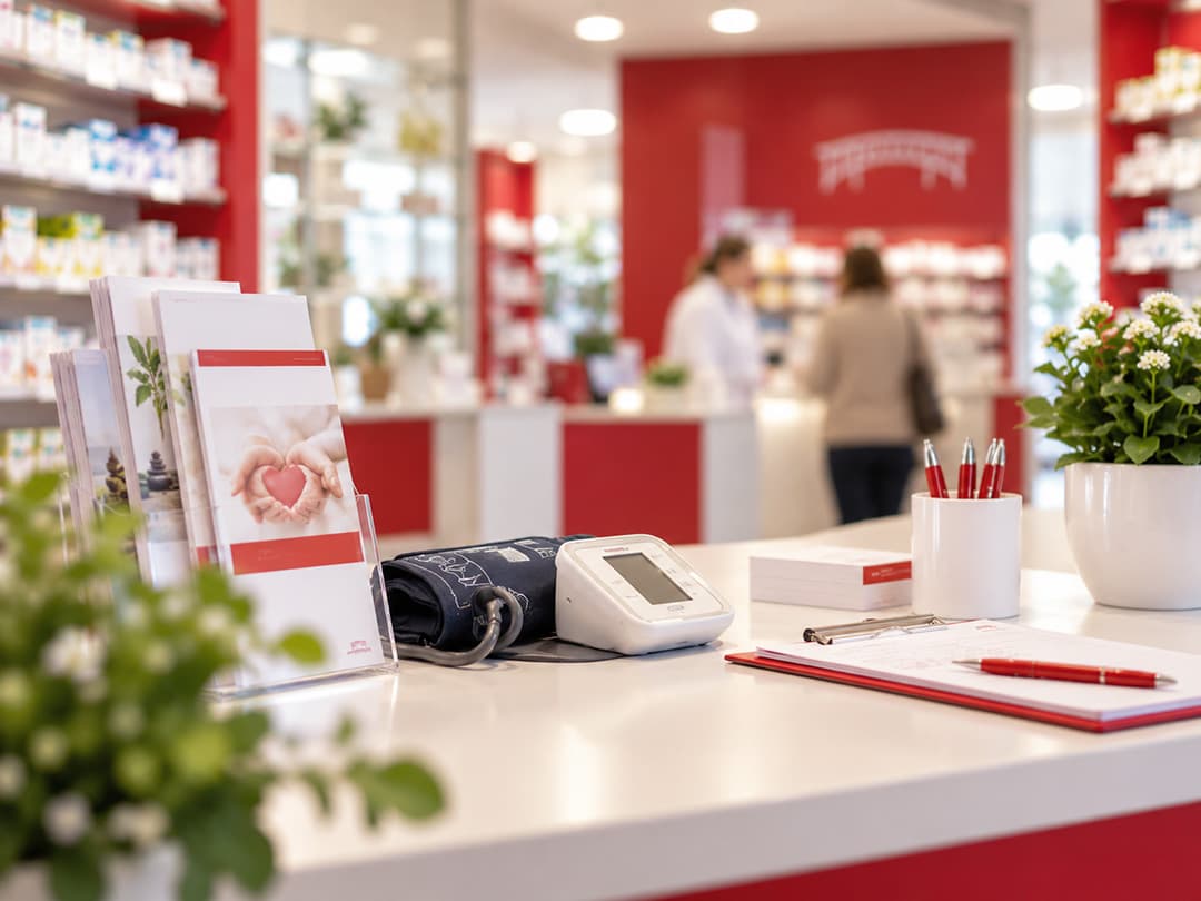 Apotheken-Theke mit Informationsbroschüren, Blutdruckmessgerät und Pflanzen im Hintergrund.
