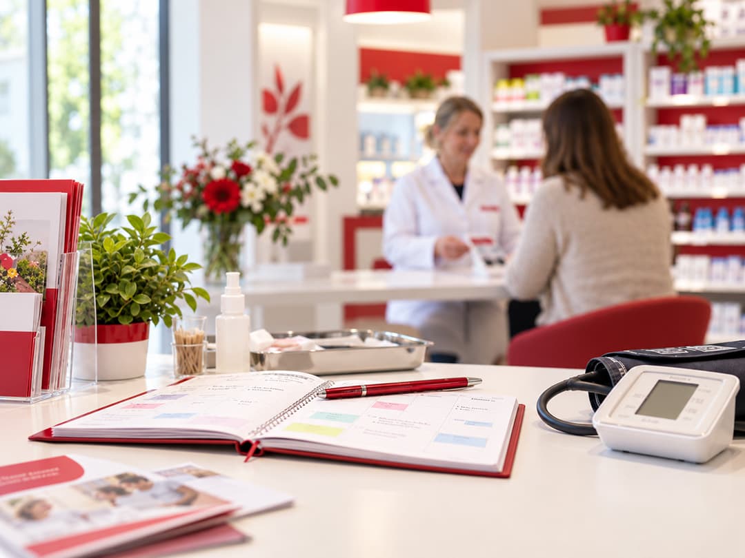 Beratungsgespräch zwischen Apothekerin und Kundin in einer modernen Apotheke. Im Vordergrund Notizbuch und Blutdruckmessgerät.